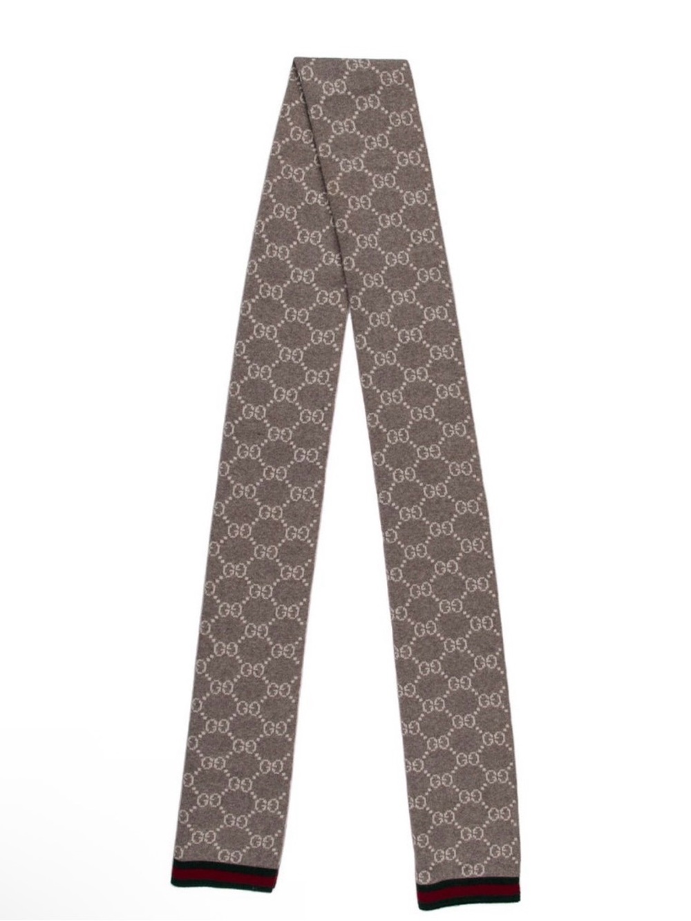 Gucci Monogram Wool Skinny Scarf in Gray with Red/Green Trim